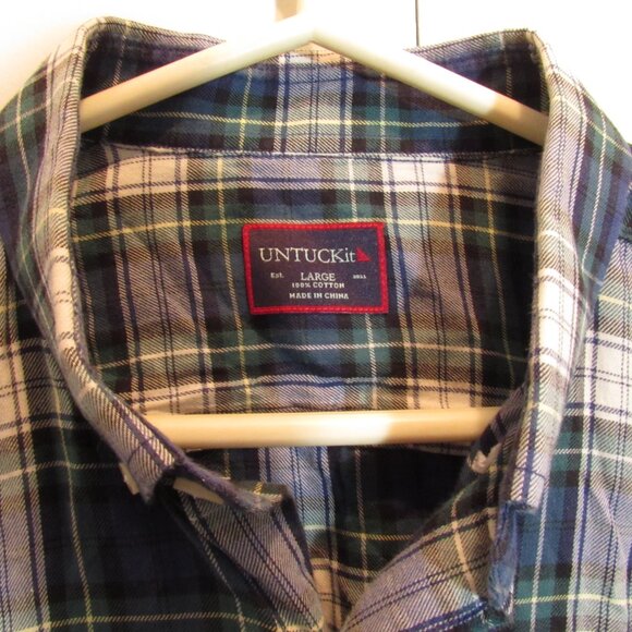 UNTUCKit Shirt Button Up Blue Grey Flannel Plaid Cotton Long Sleeves Sz. Large - Picture 5 of 10